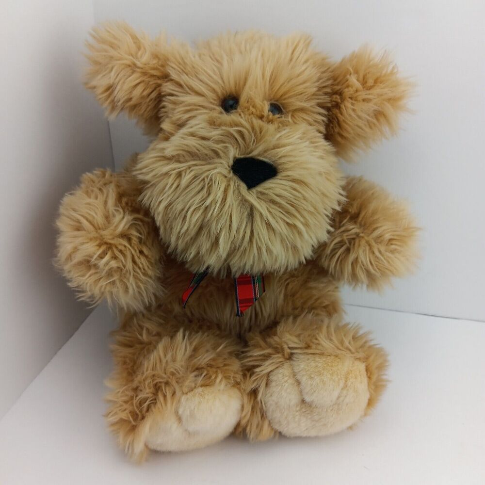 90's Just Friends Fluffy Brown Puppy Dog 13 inch Plaid Bow Long Fur Plush Toy